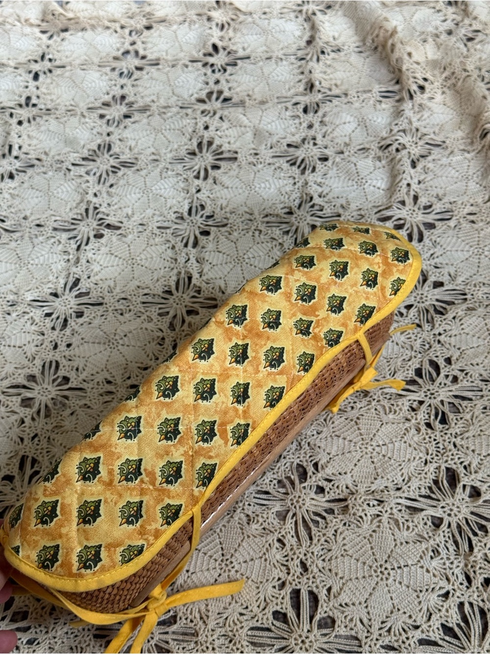 Vintage Woven Basket with Quilted Fabric Liner & Wood Handle Cottage Decor